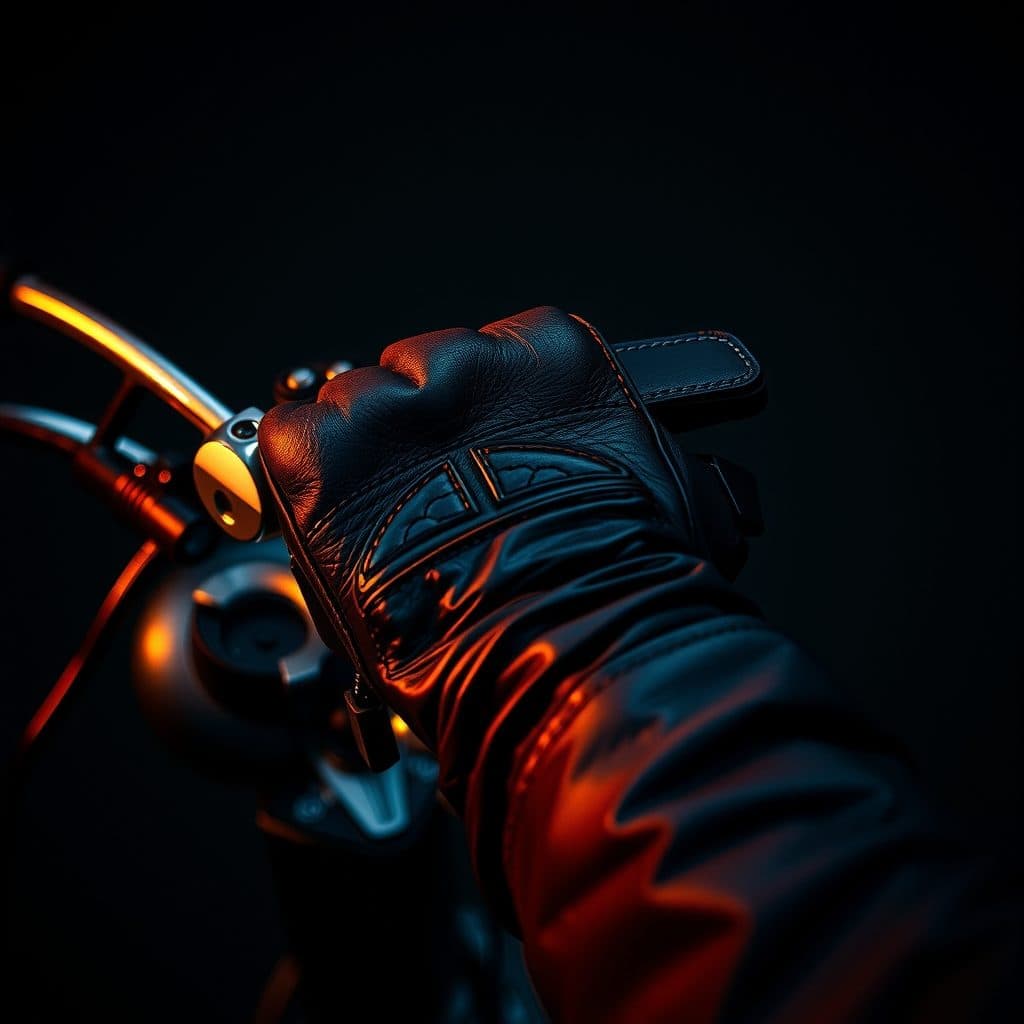 Rider's gloved hand gripping a motorcycle handlebar